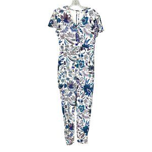 Just Bellina Womens Blue Floral Jumpsuit Short Sleeves V Neck size Small